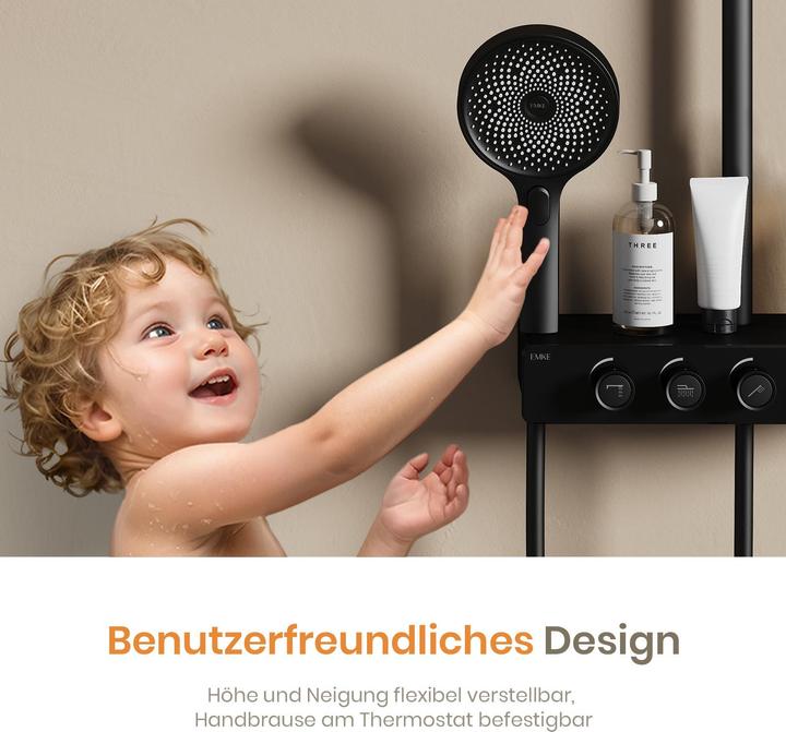 Produktbild Emke Duschsystem mit Thermostat Schwarz Matt Duscharmatur Komplettset Regendusche mit Armatur inkl 3 Stra