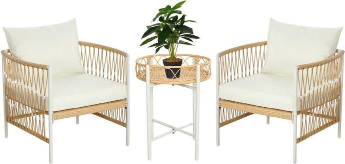 Produktbild Swisshandel24 3er Set Rattan Gartenmöbel-Set, Gartengarnitur mit 2 Gartenstühle, Gelb+Creme