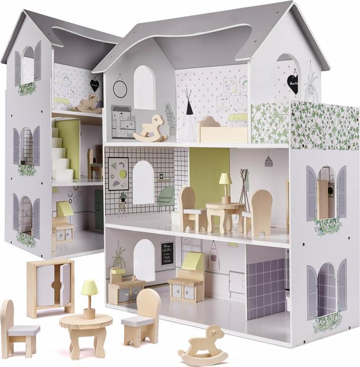 Productafbeelding Ikonka Houten poppenhuis + meubeltjes 70cm grijs