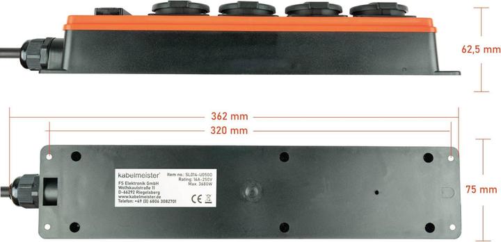 Actual product image Kabelmeister Outdoor socket strip, 4 earthing contact sockets (IP54/IP20), 2x USB-A socket, orange/ (4 x, CEE 7/3, 5 m)