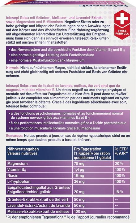 Nährwerte und Zutaten Tetesept Relax (32 Stück, Kapseln)