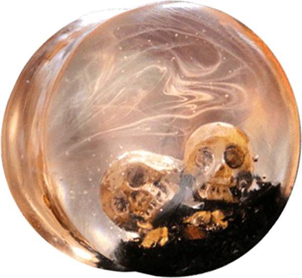 Star Piercing Flared Plug zwei Totenköpfe mit Rauch Epoxy orange (ohne Messing, Organisch)