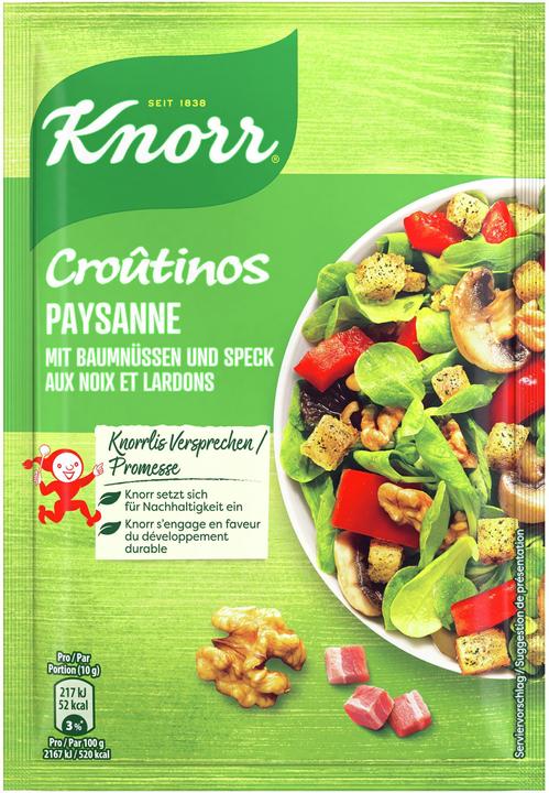 Produktbild Knorr Croûtinos Paysanne mit Baumnüssen & Speck, Brotstückchen Croutons Beutel, für Salat & Salatsauce (27 g)