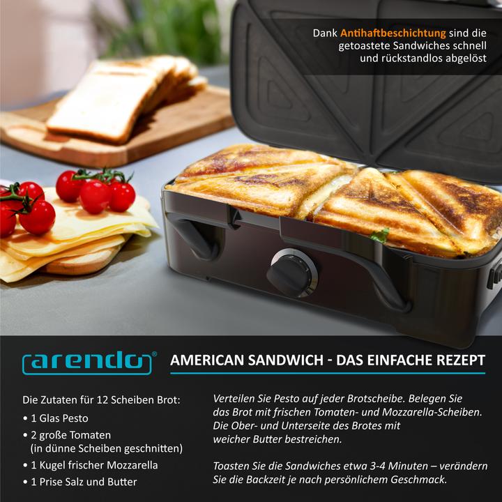 Immagine prodotto Arendo Sandwich maker 1200 W, rivestimento antiaderente, tostapane per grandi toast con piastre rimovibili