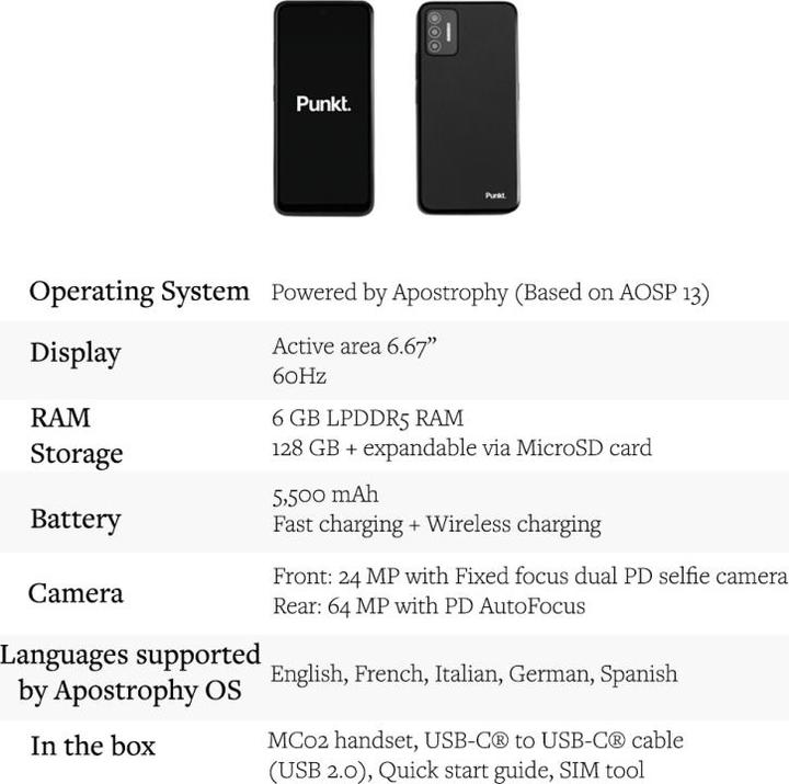 Image du produit Punkt. MC02 (128 Go, Noir, 6.67", Double SIM hybride, 64 Mpx, 5G)