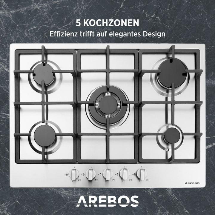 Immagine prodotto Arebos Piano cottura a gas in acciaio inox da 68 cm (5 fuochi)