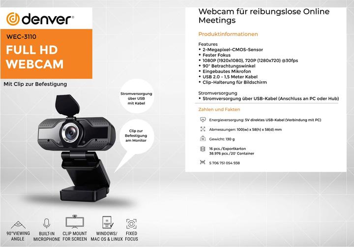 Actual product image Denver WEC-3110 Webcam 2 MP 1920 x 1080 Pixel USB 2.0 Black (0.90 Mpx)