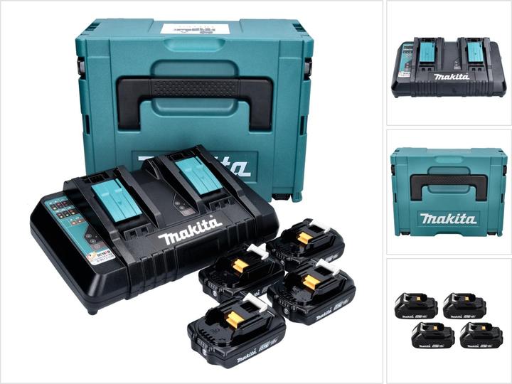 4x batteria Makita BL 1820 B 18 V 2.0 Ah (197254-9), 1x caricatore rapido doppio Makita DC 18 RD 14.4 V - 18 V LXT (196933-6), 1x inserto coordinato, 1x Makpac