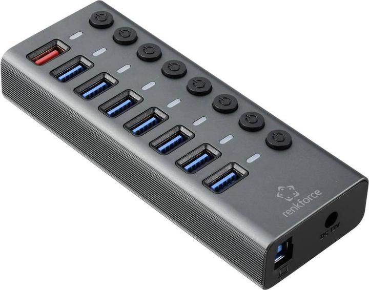 Actual product image Renkforce RF-HUB-380 8 Port USB 3.2 Gen 1 Switch + Hub (USB 3.0) with Aluminium Housing Silver-Sc (USB-A, 8 Ports)
