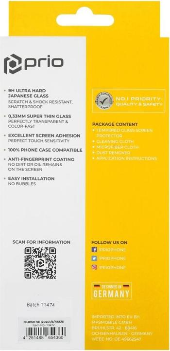Produktbild prio Displayschutzglas für iPhone SE(2022/2020)/8/7/6S/6 transparent (1 Stück, Apple iPhone 6s, Apple iPhone SE (3rd Gen), Apple iPhone SE (2nd Gen), Apple iPhone 6, Apple iPhone 8, Apple iPhone 7)