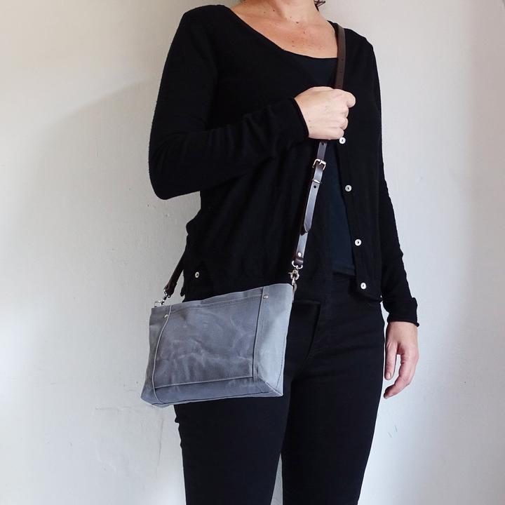 Actual product image Only-Bags.Store Small shoulder bag in waxed canvas, leather strap, wallet with zip fastener