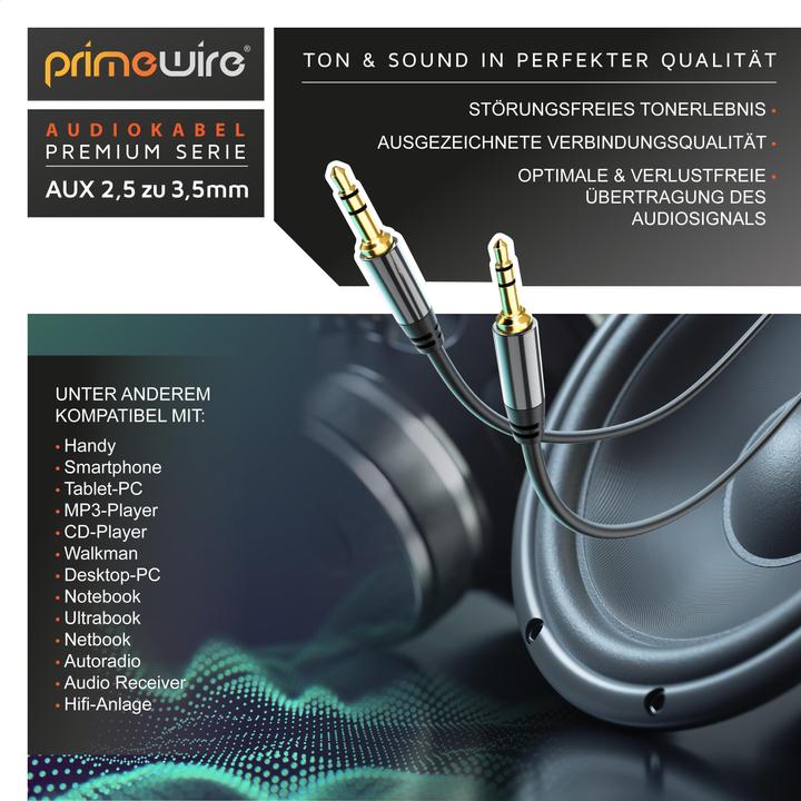 Produktbild Primewire 2,5mm Klinke zu 3,5mm Klinke Audio Kabel, AUX, HiFi Audio Adapter Klinkenkabel / Verbindungskabel (1.50 m, 3.5mm Klinke (AUX))