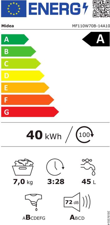 Etichetta energetica Midea MF110W70B-14A10 Frontlader Waschmaschine, 7kg, 1400 U/min (7 kg, A sinistra)