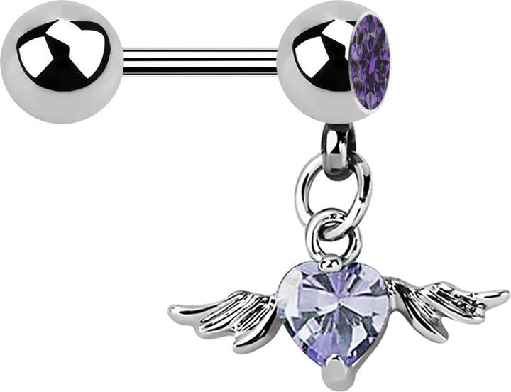 Produktbild Star Piercing Micro Barbell mit Kugel und Anhänger Flügel Kristallherz lavendel (ohne Messing, Chirurgenstahl 316L)