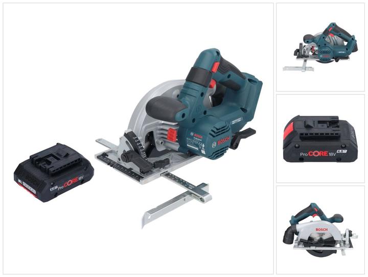 1.0 x 20 mm, 24 ( 2 608 837 685 ), 1x rip fence ( 2 608 000 817 ), 1x Bosch GBA 18 V 4.0 Ah ProCORE slide-in battery, 1x Bosch GKS 18V-57-2 Professional cordless portable circular saw, 1x circular saw blade, Standard for Wood, 165 x 1.5
