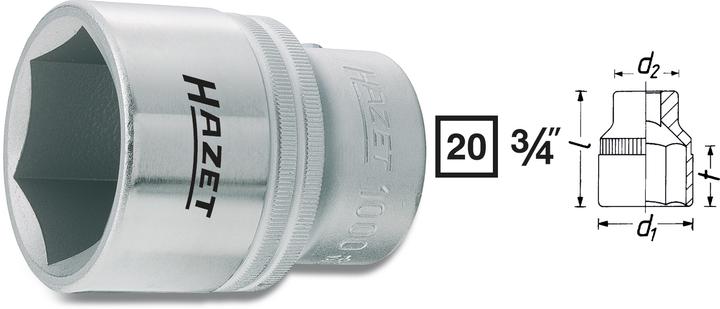 Actual product image HAZET Socket ∙ hexagon 1000-38 ∙ Square, hollow 20 mm (3/4 inch) ∙ Outside hexagon profile ∙ 38 mm (38 mm)