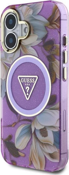 Immagine prodotto Guess Glitter Flowers Triangle Buttons MagSafe Case for iPhone 16 Purple (Apple iPhone 16)