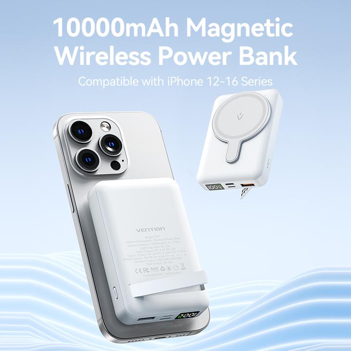 Image du produit Vention 10000mAh Magnetic Wireless Power Bank (USB-C + Lightning + USB-C + USB-A +Wireless) 22.5W Black LED (10000 mAh, 38.50 Wh)