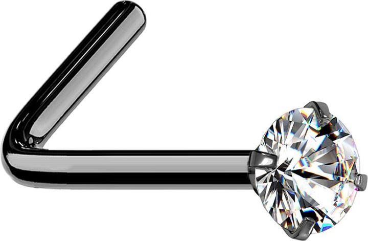 Image du produit Star Piercing Clou de nez coudé noir cristal rond serti d'argent (Acier chirurgical 316L)