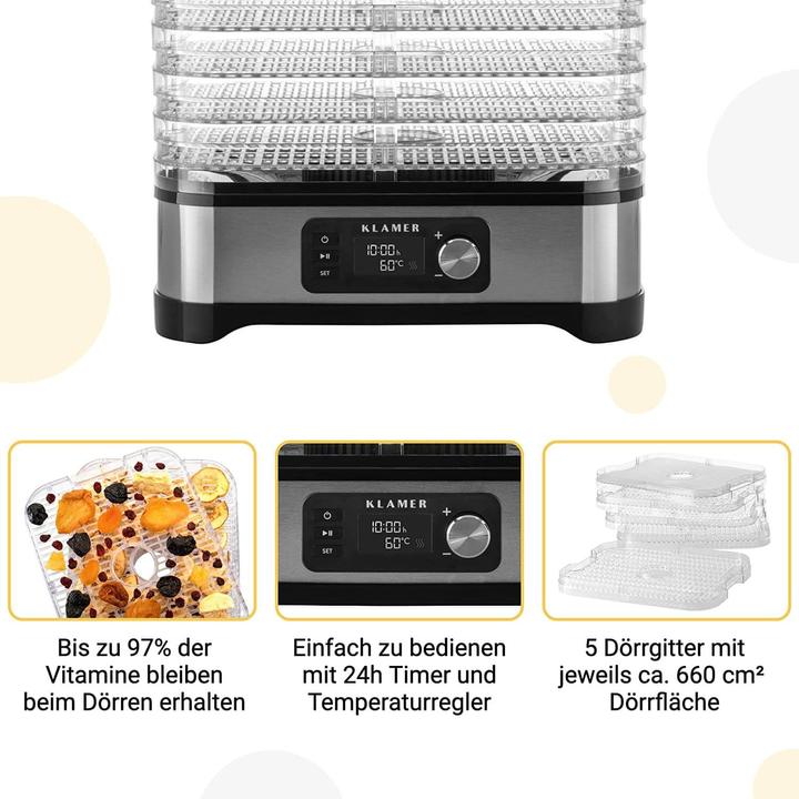 Produktbild KLAMER Dörrautomat 400W, Edelstahl mit 5 Einlegefächern, BPA frei