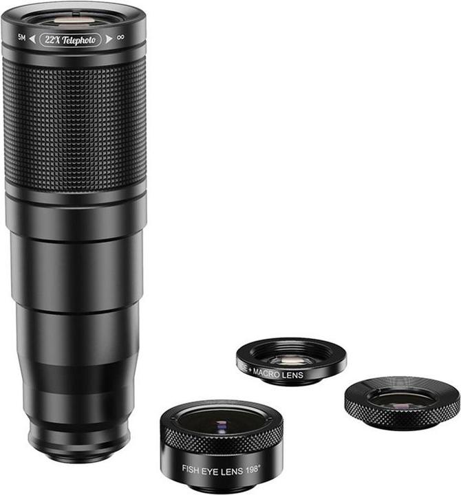 Produktbild Apfelkiste Smartphone Teleskop-Objektiv 22x – Fisheye, Makro, Weitwinkel & Stativ