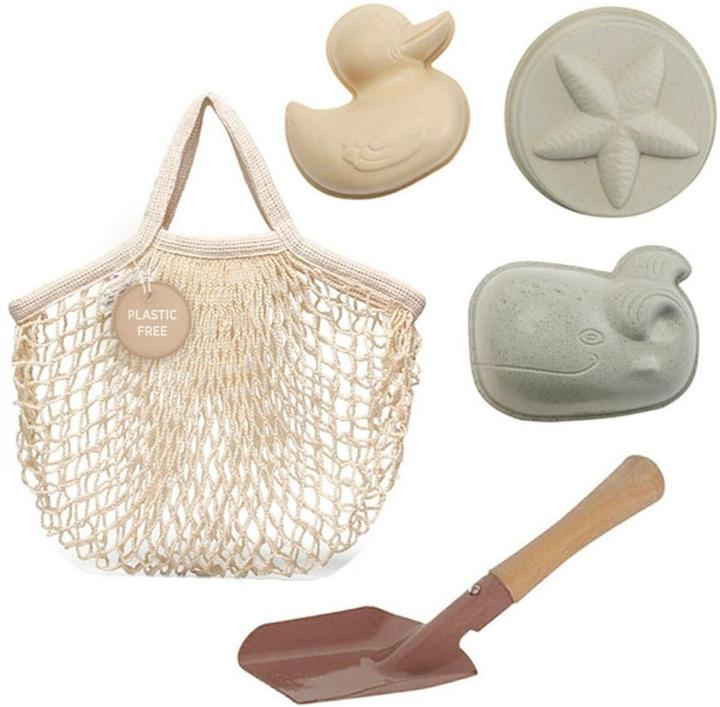 Hevea Sandförmchen-Set mit Schippe im Tragenetz aus Naturkautschuk