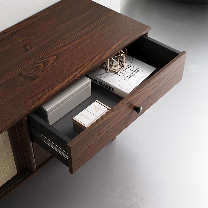 Image du produit IDIMEX Lowboard SIMONA aus Kiefer Massivholz mit Rattangeflecht – Nussbaumoptik