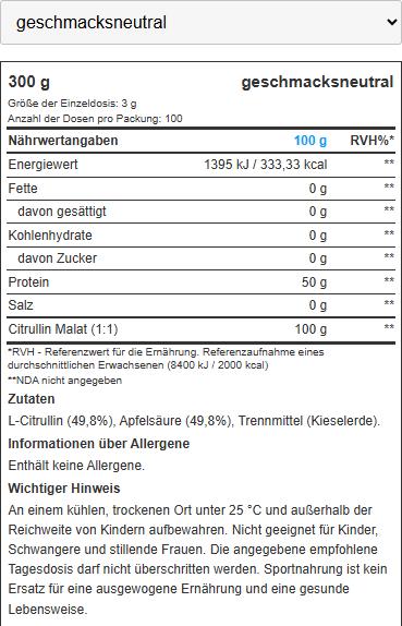 Valori nutrizionali e ingredienti Biotech USA Citrulline Malate (1 Pezzo/i, Polvere, 300 g)