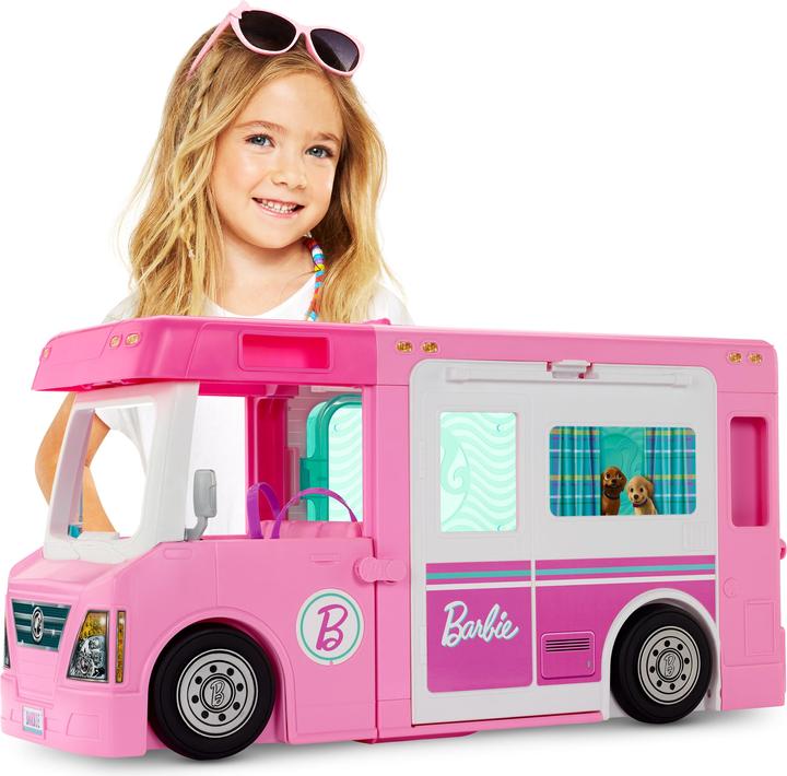 Barbie Camping-Car de Rêve 3-en-1 - Véhicule pour Poupée Mannequin - 3 ans et +
