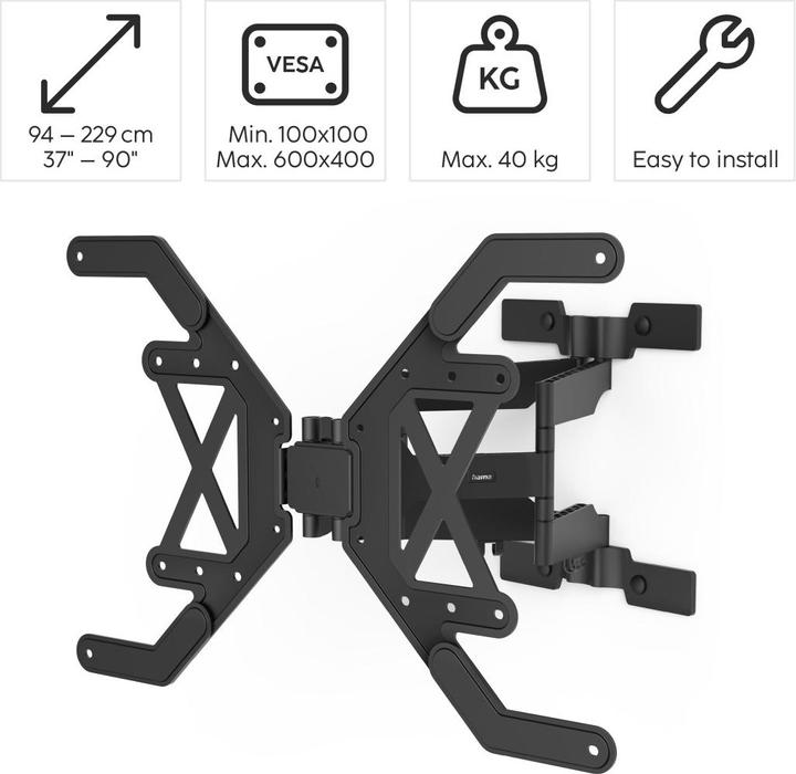 Image du produit Hama Support TV mural, pivotant, inclinable, extra-plat, 229 cm (90") à 40 kg (Mur, 90", 40 kg)