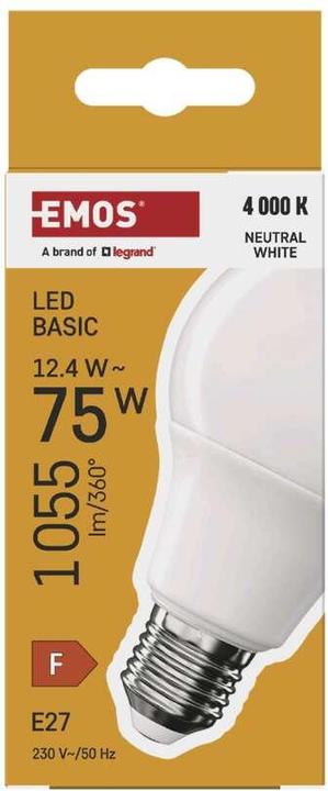 Immagine prodotto Emos Lampada LED Basic A60 / E27 / 12,4 W (75 W) / 1055 lm / Bianco neutro (E27, 12.40 W, 1055 lm, 1 x, F)
