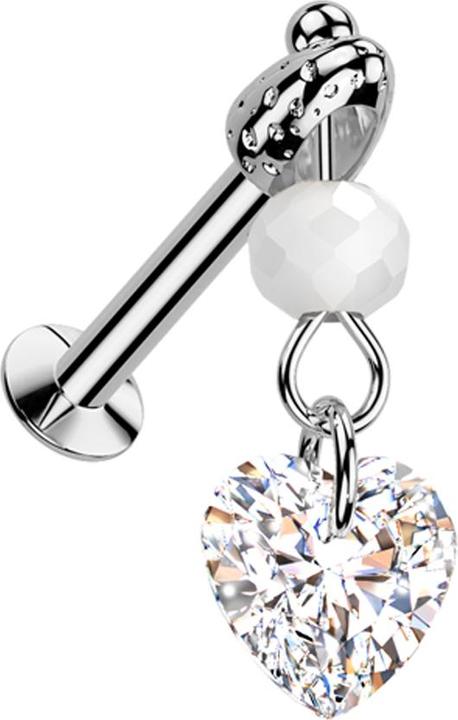 Star Piercing Micro Threadless UFO Labret silber mit Cone silber Anhänger Glaskugel Herzkristall silber (Messing, Chirurgenstahl 316L)