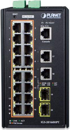 Actual product image Planet Industrial 16-Port 10/100/1000T PoE Switch 2-Port Gigabit Uplink + 2-Port Gigabit SFP Uplink managed (16 Ports)
