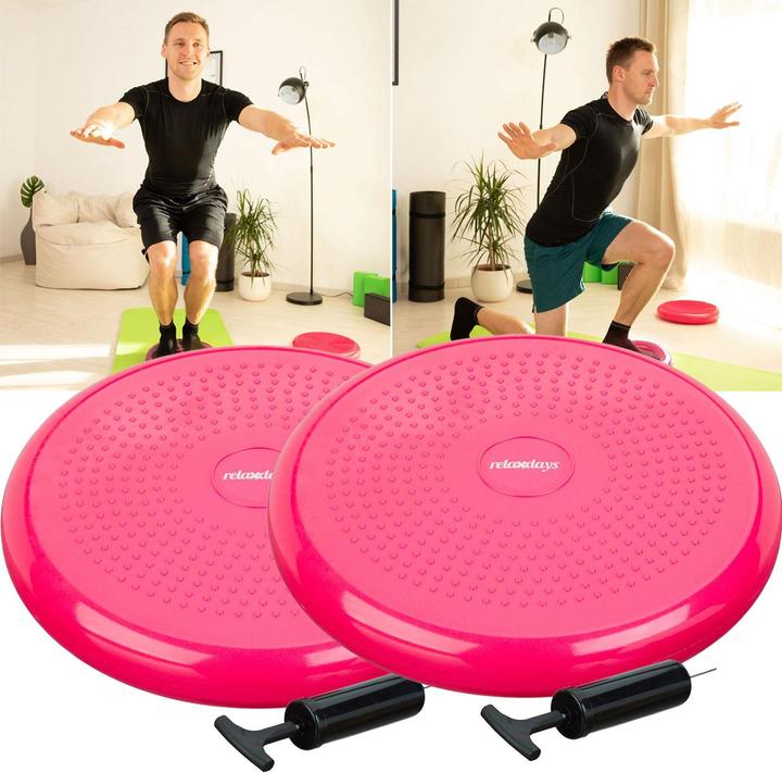 Produktbild Relaxdays 2er-Set Balance Kissen, mit Luftpumpe, Noppen, pink, Ø 33 cm