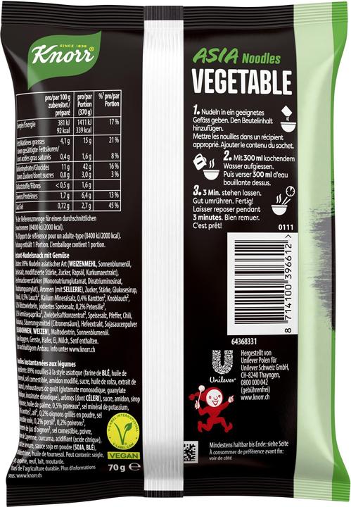 Produktbild Knorr Asia Noodles Vegetable Beutel, Instant Asiatische Nudeln mit Gemüse, in 3 Minuten zubereitet (70 g)