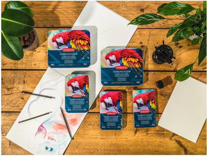 Image du produit Derwent Crayons de couleur Chromaflow (Rose Fard à Joues, Flamand, Brun Naturel, Écarlate, herbe verte, Denim, Jaune soleil, Bleu, Basilic, Noir, Lilac, Blanc, 12 x)