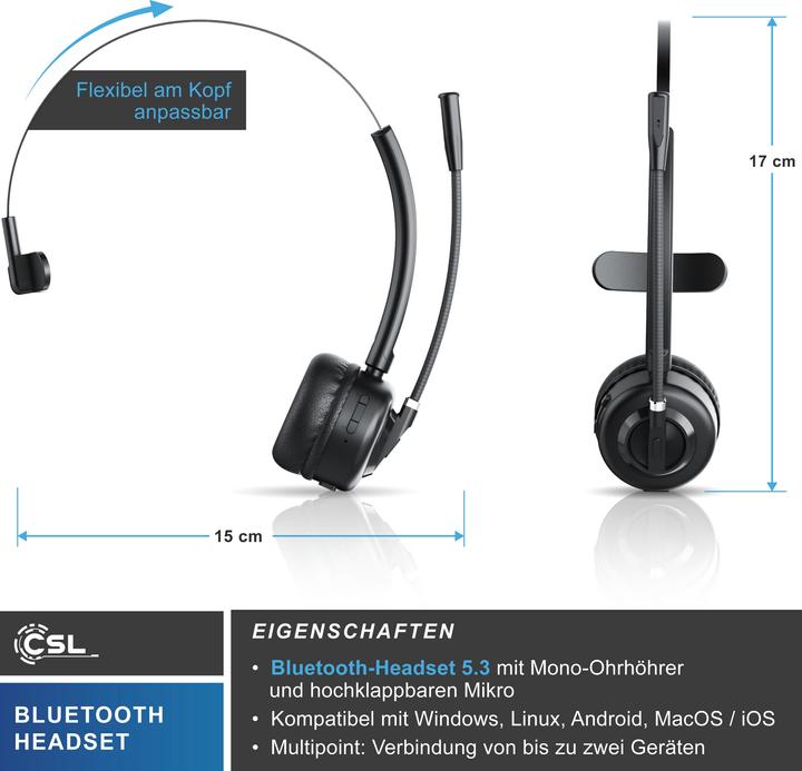 Actual product image CSL Wireless headset, Bluetooth headphones, microphone, charging station, noise cancel, multipoint, BT (Wireless, USB-A)