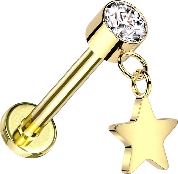 Produktbild Star Piercing Micro Threadless Labret vergoldet Zylinder vergoldet Kristall silber Anhänger Stern vergoldet (ohne Messing, Titan G23)