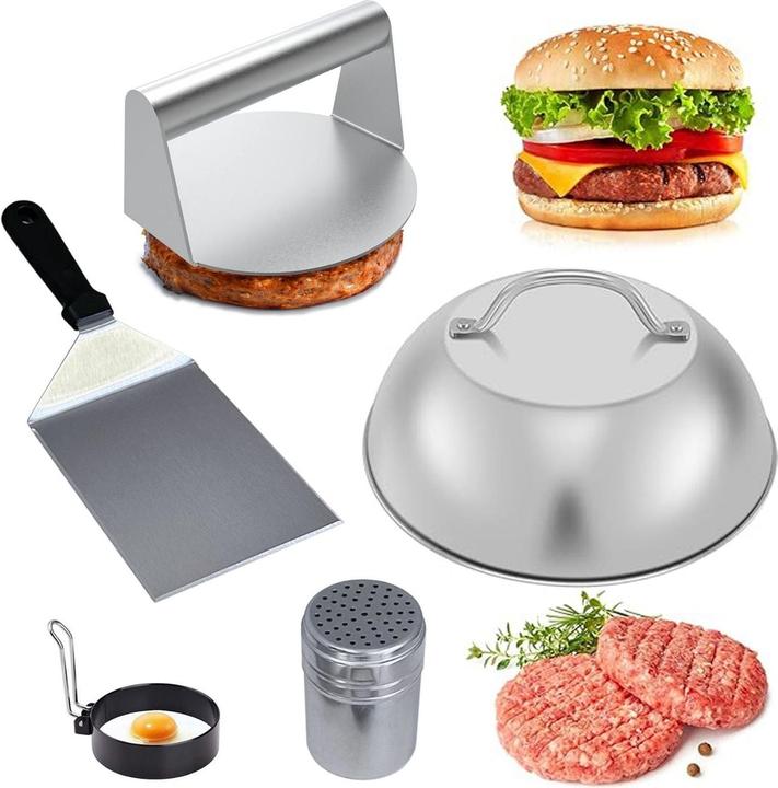 Actual product image Hermex 5-tlg. Burger-Set Burgerpresse Schmelzglocke Patty-Wender Ei-Ring Streuer