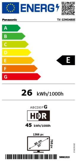Etichetta energetica Panasonic TV TX-32MS480E LED/32"/HD/3xHDMI/2xUSB/RJ-45/WiFi/BT/Android (32", LED, Pronto per l'HD)