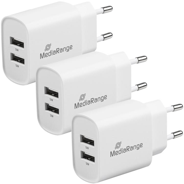 Image du produit MediaRange Lot de 3 alimentations USB avec 2 ports USB-A, 12W, blanc (12 W)