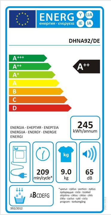 Label énergétique Gorenje DHNA92/DE (9 kg, Droite)