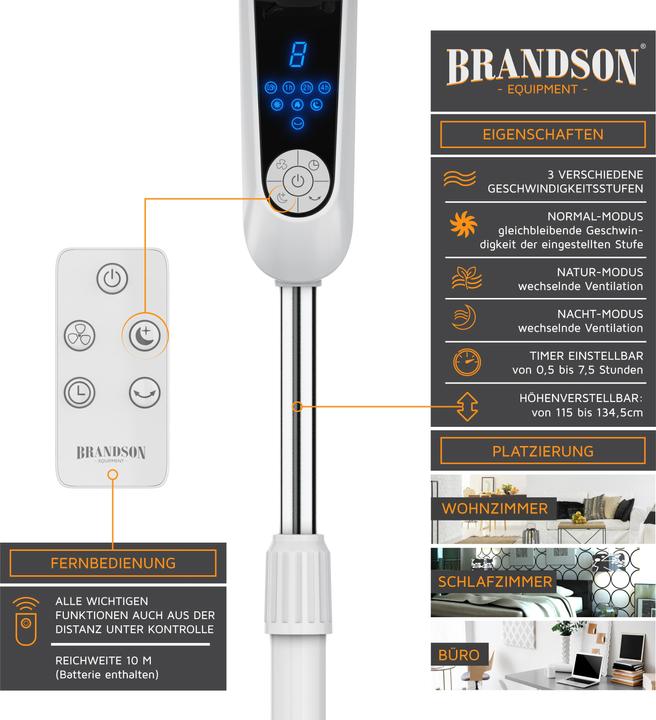 Actual product image Brandson Pedestal fan 40 cm Ø, remote control, display, oscillation, height & head adjustable, 60W, white (57 dB)