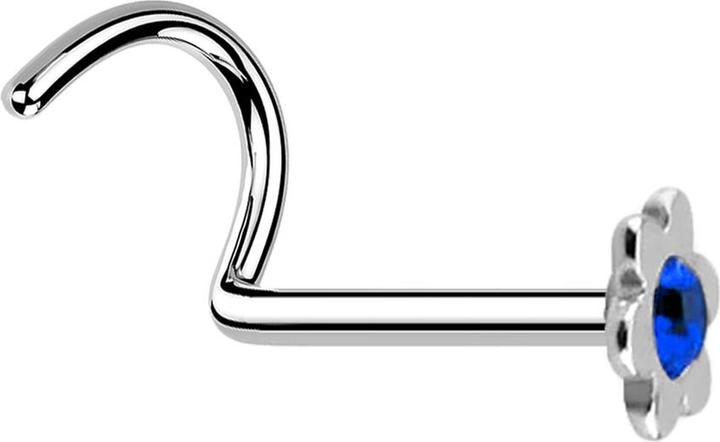 Immagine prodotto Star Piercing Nasenstecker gebogen silber mit Blume und Kristall dunkelblau (senza ottone, Acciaio chirurgico 316L)