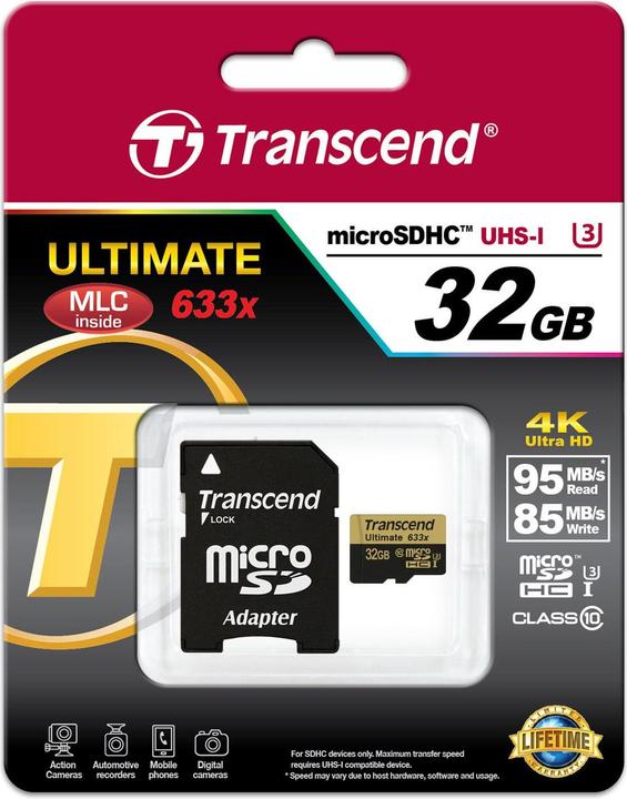 Productafbeelding Transcend microSDHC Ultimate 633x UHS-I U3 met adapter (32 GB, microSDHC, U3, UHS-I)