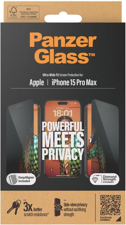 Immagine prodotto PanzerGlass Proteggi schermo privacy Ultra-Wide Fit (1 Pezzo/i, Apple iPhone 15 Pro Max)