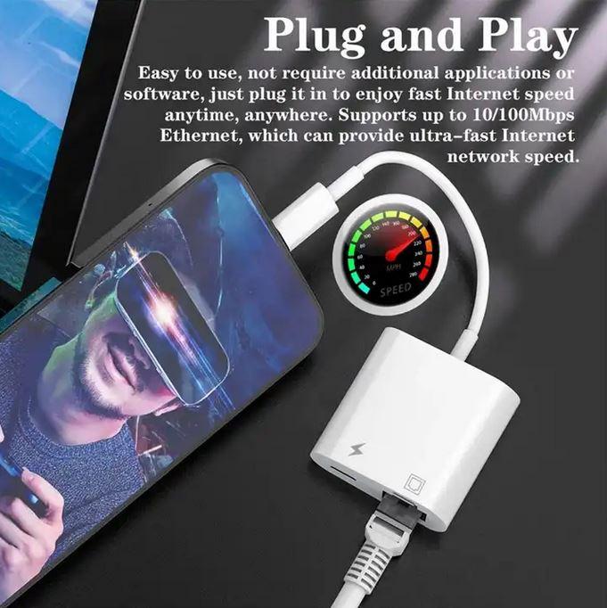 Produktbild PhoneLook Multiport Lightning zu RJ45 Ethernet LAN Adapter mit USB-C Power Anschluss