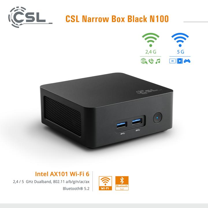 Immagine prodotto CSL Mini-PC Narrow Box Nero / 16GB / 1000 GB M.2 SSD / Win 11 Home (Intel N100, 16 GB, 1000 GB, Grafica Intel UHD)