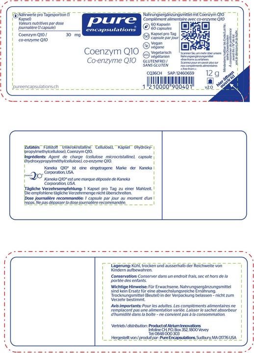 Valeurs nutritives et ingrédients Pure encapsulations Coenzym Q10 (60 pièce(s), Capsules, 12 g)
