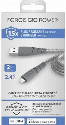 Actual product image Force Power Ultra-reinforced USB A/Lightning cable 2.4A Resistant to 50,000 bends at 180° 2m (2 m)